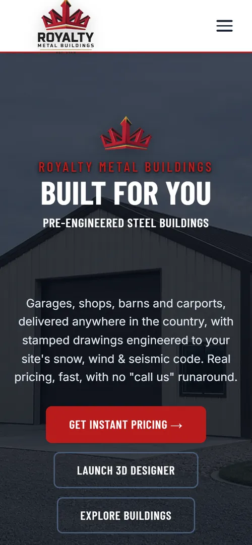 Royalty Metal Buildings homepage on a phone